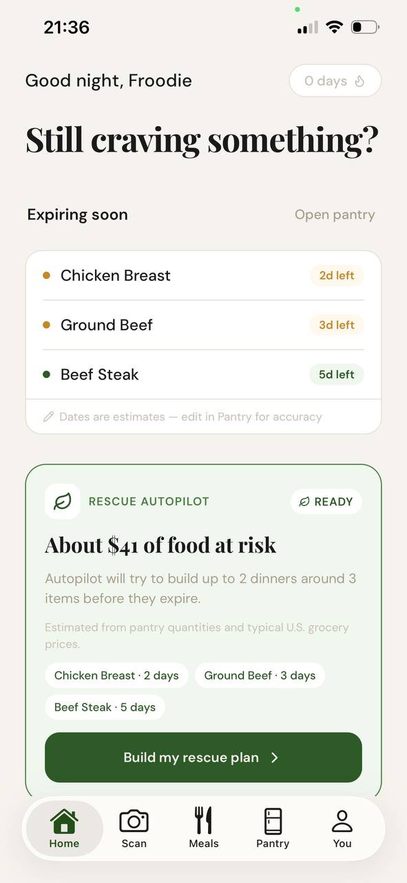 Froodie home screen showing expiring ingredients and Rescue Autopilot