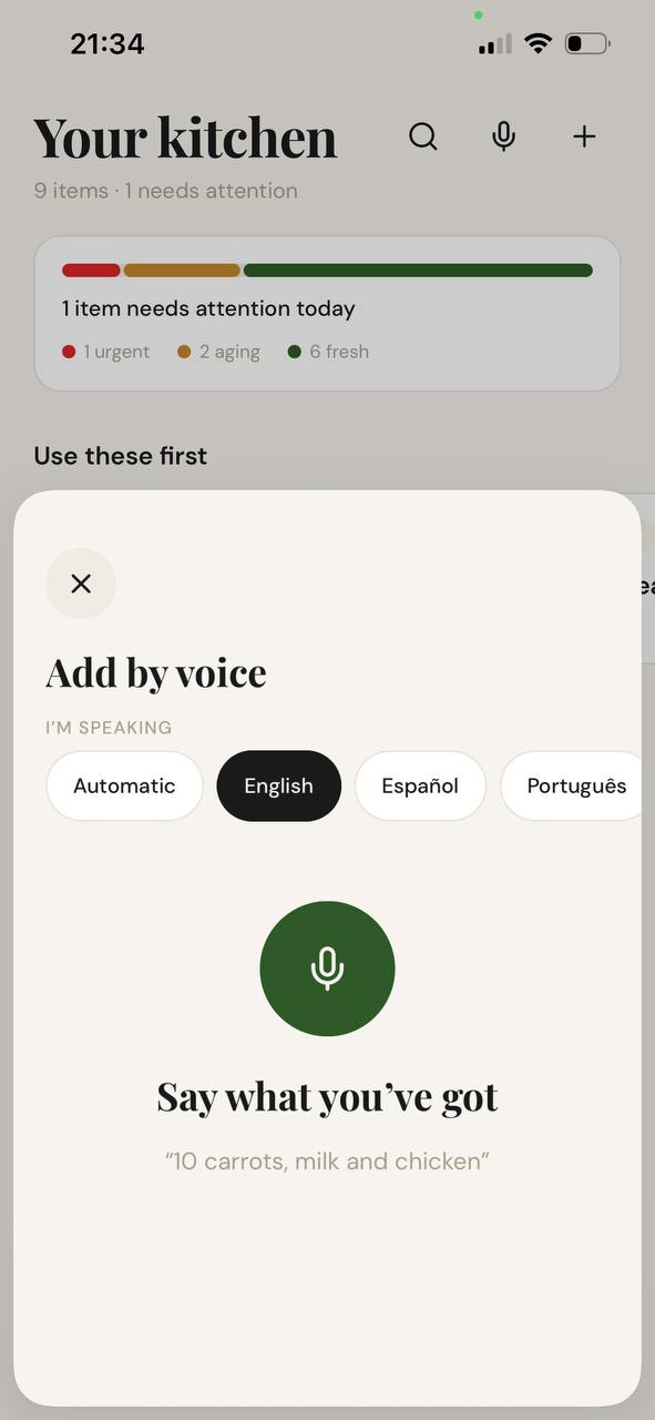 Froodie Add by voice screen