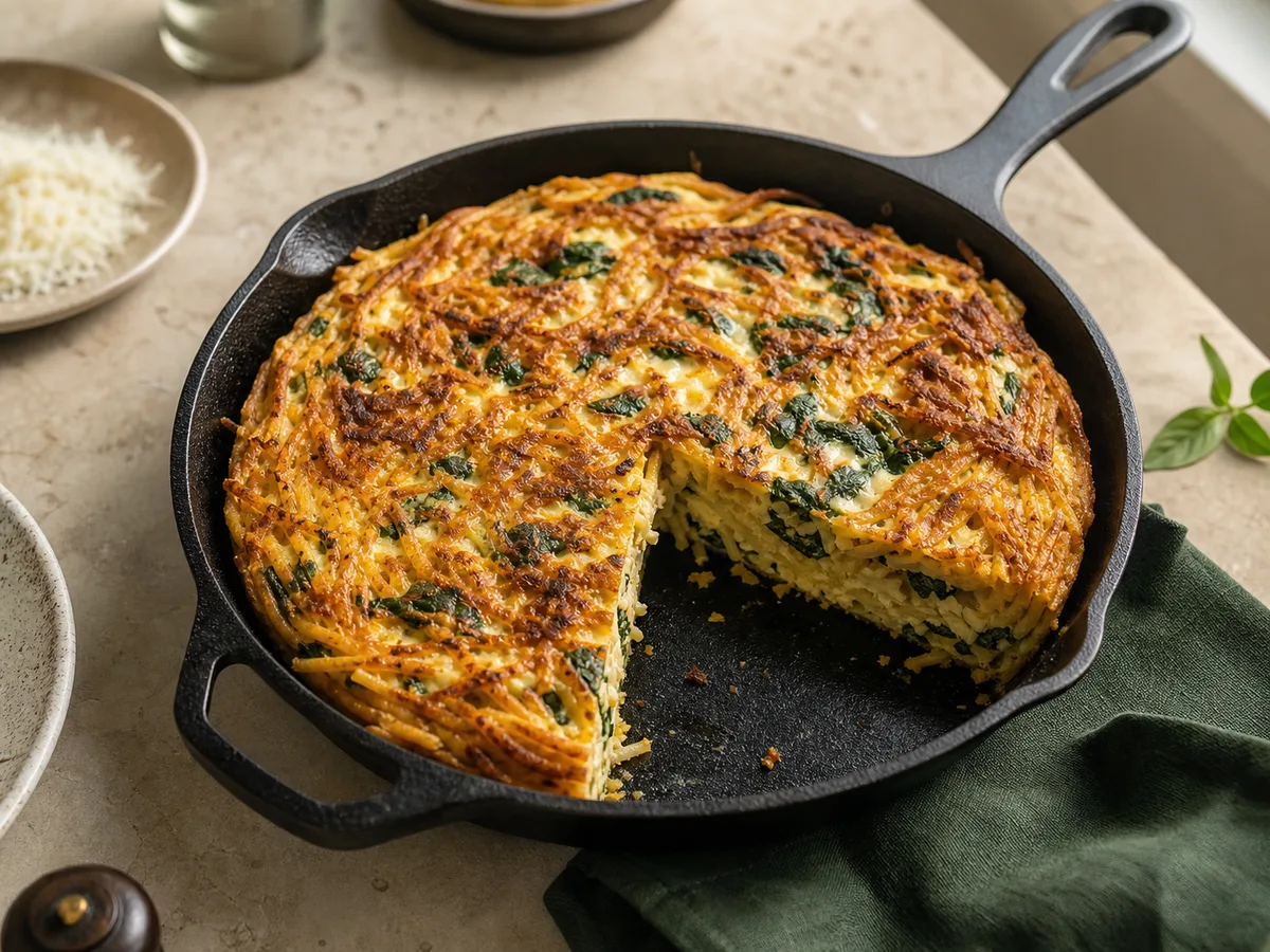 Crispy pasta frittata with leafy greens and a golden noodle crust