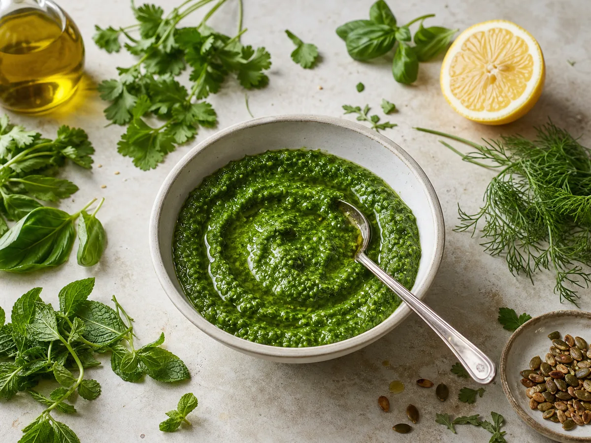 Bright green mixed herb sauce with lemon, olive oil, and fresh herbs