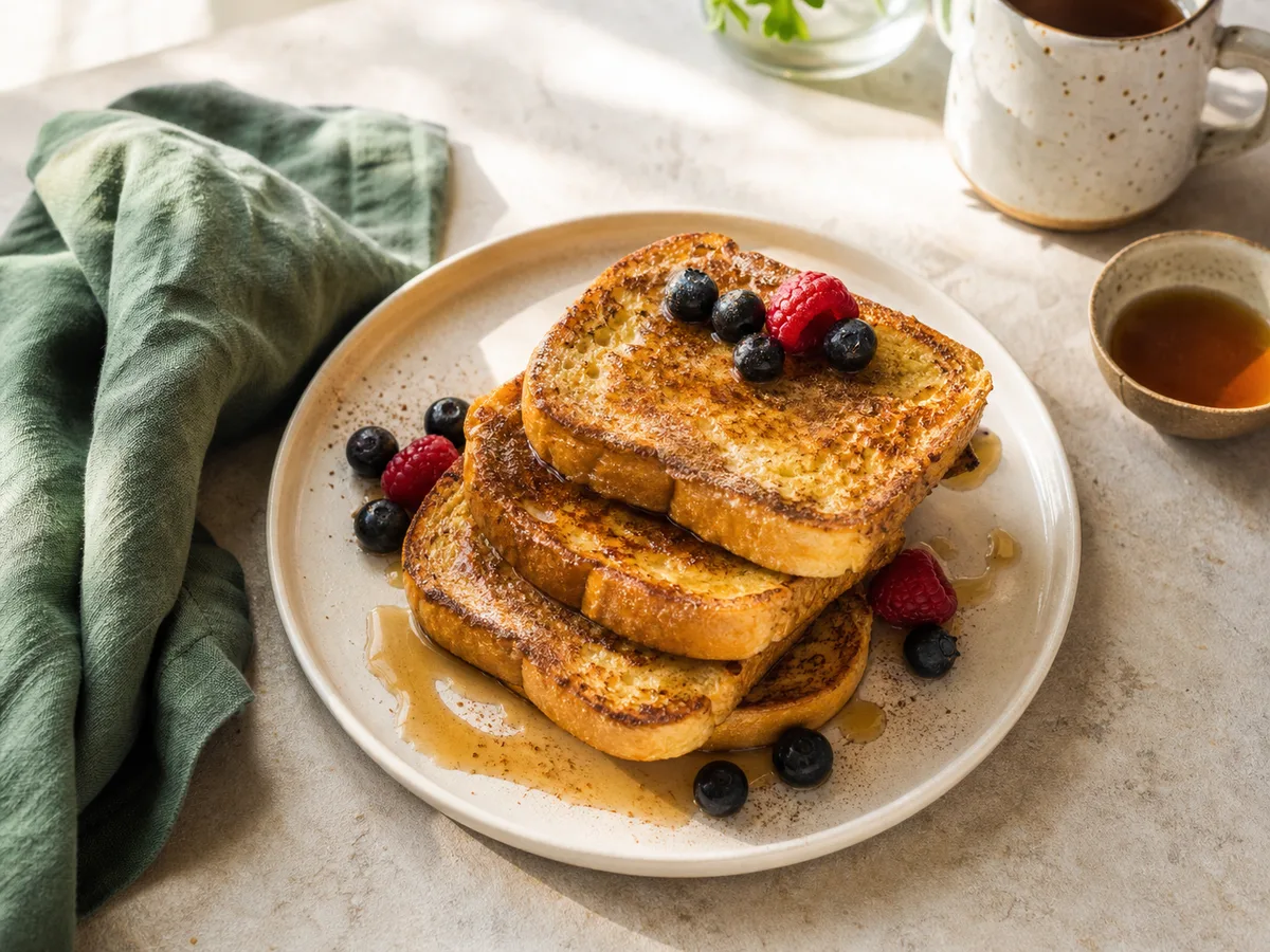 Golden French toast made from stale bread with berries and maple syrup